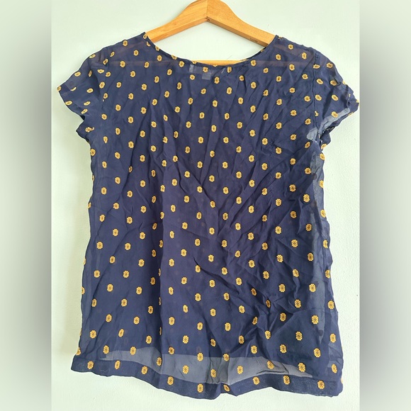 LOFT by Ann Taylor sheer jacquard blue and gold silk short sleeve top size PM - Picture 2 of 4